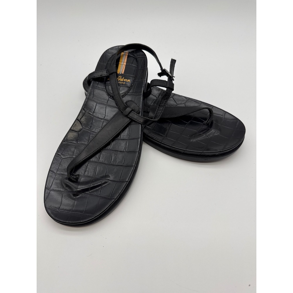 Sam Edelman Womens Black Croc Embossed T-Strap Buckle Ankle Sandals Size 7